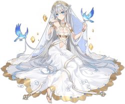 Rule 34 | 1girl, ark order, armlet, barefoot sandals (jewelry), bird, bird on hand, blue eyes, bluebird, bracelet, braid, breasts, cleavage, closed mouth, clothing cutout, detached sleeves, dress, flower, full body, gold trim, hair ribbon, hatoyama itsuru, head wreath, jewelry, large breasts, laurel crown, looking at viewer, navel cutout, necklace, official art, on floor, ribbon, silver hair, sitting, smile, solo, tachi-e, transparent background, veil, virgo (ark order), white dress, white flower, white ribbon