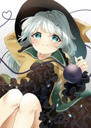 Rule 34 | 1girl, aqua eyes, arm up, black hat, blouse, blush, breasts, chromatic aberration, closed mouth, commentary request, eyeball, feet out of frame, frilled shirt collar, frills, gradient background, green skirt, grey background, hand up, hat, hat ribbon, heart, heart of string, highres, kamachi (kamati0maru), knees together feet apart, knees up, komeiji koishi, lens flare, light green hair, looking at viewer, petticoat, ribbon, shirt, short hair, simple background, skirt, small breasts, smile, solo, third eye, touhou, yellow ribbon, yellow shirt