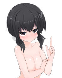 Rule 34 | 1girl, annoyed, arm up, black hair, blush, breasts, brown eyes, cleavage, covering privates, covering breasts, highres, index finger raised, looking at viewer, low twintails, medium breasts, morino donguri, nude, original, short hair, simple background, solo, twintails, upper body, white background