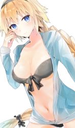 Rule 34 | 1girl, bad id, bad twitter id, bikini, black bikini, black hairband, black scrunchie, blonde hair, blue eyes, blue jacket, blush, braid, breasts, cleavage, closed mouth, commentary request, fate/grand order, fate (series), fingernails, hair between eyes, hair ornament, hair scrunchie, hairband, hand up, highres, hood, hood down, hooded jacket, jacket, jeanne d&#039;arc (fate), jeanne d&#039;arc (ruler) (fate), jeanne d&#039;arc (swimsuit archer) (fate), jeanne d&#039;arc (swimsuit archer) (first ascension) (fate), long hair, long sleeves, medium breasts, navel, open clothes, open jacket, scrunchie, simple background, single braid, sleeves past wrists, smile, solo, swimsuit, tomozero, very long hair, white background