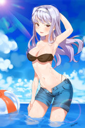 Rule 34 | 1girl, absurdres, bad id, bad pixiv id, bikini, bikini top only, breasts, dr poapo, hairband, highres, idolmaster, idolmaster (classic), long hair, midriff, navel, open mouth, red eyes, shijou takane, shorts, silver hair, smile, solo, sunlight, swimsuit, wading