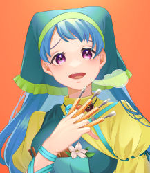 Rule 34 | 1girl, absurdres, apron, between fingers, blue hair, blush, breasts, commentary request, dress, green apron, green headwear, guumin, haniyasushin keiki, head scarf, highres, holding, jewelry, long hair, looking at viewer, magatama, magatama necklace, medium breasts, necklace, open mouth, orange background, pink eyes, single strap, smile, solo, tools, touhou, upper body, yellow dress