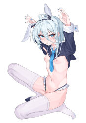 Rule 34 | 1girl, absurdres, animal ears, blue eyes, blue hair, blue nails, blue necktie, blue sailor collar, blue shirt, blush, breasts, collared shirt, expressionless, fake animal ears, from above, full body, hair between eyes, hands up, highres, knee up, long sleeves, looking at viewer, looking up, medium hair, meme attire, midriff, nail polish, navel, necktie, nipples, nude, on one knee, original, petite, pussy, rabbit ears, rabbit pose, reverse bunnysuit, reverse outfit, sailor collar, see-through, see-through legwear, shirt, shoes, shrug (clothing), single shoe, small breasts, solo, spread legs, squatting, staring, thighhighs, uncensored, white hair, wrist cuffs, yume (454565427)