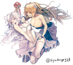Rule 34 | 1boy, 2girls, 3d glasses, bare shoulders, black dress, blonde hair, bowsette, bracelet, breasts, brown eyes, cleavage, dress, eye contact, facial hair, gloves, grey eyes, grey hair, gyudong123, hand under clothes, hat, horns, jewelry, large breasts, long hair, looking at another, luigi&#039;s mansion, mario, mario (series), multiple girls, mustache, new super mario bros. u deluxe, nintendo, princess king boo, red hat, sharp teeth, shorts under dress, simple background, skirt hold, spiked bracelet, spikes, teeth, twitter username, very long hair, white dress, white gloves, white hair, white legwear, yuri