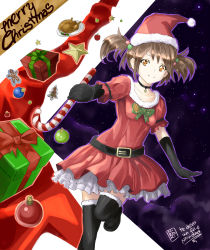 Rule 34 | 1girl, bell, belt, black gloves, black thighhighs, box, brown hair, christmas tree, collar, collarbone, dress, elbow gloves, gift, gift box, gloves, hair bobbles, hair ornament, hat, hiroki (hirokiart), looking at viewer, neck bell, original, red dress, red hat, santa costume, santa hat, short twintails, signature, smile, solo, star (symbol), thighhighs, twintails