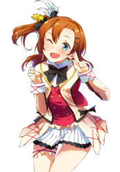 Rule 34 | 10s, 1girl, ;d, bad id, bad pixiv id, black bow, black bowtie, blue eyes, bow, bowtie, buttons, clenched hand, cowboy shot, double-breasted, earrings, feather hair ornament, feathers, hair ornament, hairpin, jewelry, kosaka honoka, long sleeves, looking at viewer, love live!, love live! school idol festival, love live! school idol project, merumayu, one eye closed, one side up, open mouth, orange hair, pleated skirt, salute, short hair, side ponytail, simple background, skirt, smile, solo, sore wa bokutachi no kiseki, thigh strap, two-finger salute, white background, wink, ytk (yutta-p)