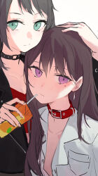 Rule 34 | 2girls, absurdres, bang dream!, bang dream! it&#039;s mygo!!!!!, belt, belt collar, black choker, black hair, black jacket, blush, brown hair, choker, closed mouth, collar, collarbone, collared shirt, drink, earrings, green eyes, hand on another&#039;s head, highres, holding, holding drink, jacket, jewelry, juice box, long hair, mole, mole under eye, multiple girls, open clothes, open jacket, purple eyes, red belt, red tube top, shenqi de (9), shiina taki, shirt, strapless, tube top, upper body, white background, white shirt, yahata umiri