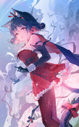 Rule 34 | 1girl, absurdres, animal ear fluff, animal ears, arm strap, black dress, black gloves, black pantyhose, blue skirt, bow, cat ears, cat girl, cat tail, colored inner hair, detached sleeves, dress, fur-trimmed dress, fur trim, gloves, happyongdal, highres, looking at viewer, multicolored hair, open mouth, original, outdoors, pantyhose, red dress, short hair, skirt, solo, strapless, strapless dress, tail, tail bow, tail ornament