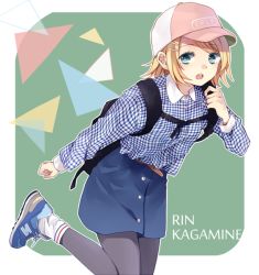 Rule 34 | 1girl, alternate costume, backpack, bag, black pantyhose, blonde hair, blue eyes, character name, checkered clothes, checkered shirt, hair ornament, hairclip, hat, kagamine rin, kouko, open mouth, pantyhose, shirt, shoes, short hair, skirt, sneakers, solo, vocaloid
