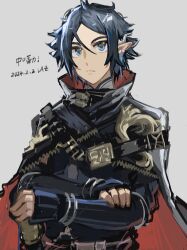 Rule 34 | 1boy, absurdres, arknights, black cloak, black hair, blue shirt, character request, cloak, closed mouth, commentary request, dated, forehead, grey background, highres, male focus, pointy ears, shirt, simple background, solo, translation request, upper body, xinjinjumin634378499782