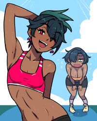 2girls akairiot arm_behind_back arm_behind_head arm_up bent_over black_hair blue_sky breasts cleavage cloud cloudy_sky dark-skinned_female dark_skin day earrings exhausted eyelashes flying_sweatdrops hair_over_one_eye highres jewelry large_breasts looking_at_viewer mole mole_on_breast multiple_girls navel open_mouth original outdoors paz_ruiz_(akairiot) red_eyes short_hair sky small_breasts smile sports_bra sportswear stomach sweat