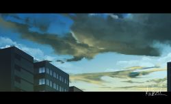 Rule 34 | blue sky, building, cityscape, cloud, cloudy sky, hakuurei amano, highres, letterboxed, no humans, original, outdoors, scenery, sky, sunrise, watermark, window