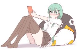 Rule 34 | 1girl, absurdres, blush, brown skirt, brown thighhighs, buttons, cellphone, closed mouth, collared shirt, failure penguin, frilled skirt, frills, green eyes, green hair, hair between eyes, hair ornament, hairclip, highres, holding, holding phone, kantai collection, long hair, panties, phone, shirt, sidelocks, simple background, skirt, smartphone, solo, suzuya (kancolle), thighhighs, tiemu (man190), underwear, white background, white panties, white shirt