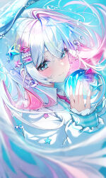 Rule 34 | 1girl, absurdres, air bubble, aqua eyes, aqua hair, blue theme, blush, bubble, collared shirt, eumi 114, hair ornament, hairpin, highres, holding, long hair, long sleeves, looking at viewer, multicolored hair, multiple hairpins, necktie, original, pink hair, red necktie, shirt, sleeves past wrists, smile, star (symbol), submerged, underwater, upper body, white hair, white shirt