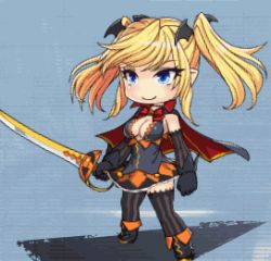Rule 34 | 1girl, animated, animated gif, bare shoulders, blonde hair, blue eyes, blush, boots, breasts, cape, chibi, costume, gloves, halloween costume, holding, holding weapon, large breasts, lilith-soft, long hair, lowres, pointy ears, shinganji kurenai, shiny skin, simple background, smile, solo, sword, taimanin (series), taimanin kurenai, taimanin rpgx, thighs, twintails, weapon