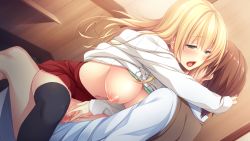Rule 34 | 1girl, ayase hazuki, blonde hair, blush, bottomless, bra, bra lift, breasts, censored, chobipero, clothed sex, clothes lift, game cg, green eyes, highres, indoors, large breasts, legs, long hair, mosaic censoring, nipples, no panties, open mouth, penis, pussy, red skirt, sex, shirt lift, sitting, sitting on person, skirt, solo focus, thighhighs, thighs, underwear, vaginal, zannen na ane to no love comedy