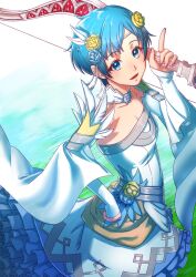 Rule 34 | 1girl, aduti momoyama, arm warmers, blue eyes, blue flower, blue hair, bow (weapon), breasts, circlet, cleavage, dress, eyelashes, feather trim, feathers, fingernails, fire emblem, fire emblem: the binding blade, fire emblem heroes, flower, frilled dress, frills, hair flower, hair ornament, hand on own hip, highres, holding, holding bow (weapon), holding weapon, medium breasts, nintendo, open mouth, shanna (fire emblem), short hair, smile, solo, strapless, strapless dress, teeth, upper teeth only, weapon, wedding dress, white dress, white feathers, yellow flower