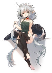 Rule 34 | 1girl, absurdres, ahoge, apron, arknights, bell, black thighhighs, breasts, collar, collarbone, crocodilian tail, full body, green apron, green hair, grey hair, hand up, highres, invisible chair, long hair, looking at viewer, maid headdress, multicolored hair, naked apron, neck bell, official alternate costume, open mouth, peanut huasheng, pointy ears, red collar, sitting, small breasts, solo, stirrup legwear, streaked hair, tail, thighhighs, toeless legwear, tomimi (arknights), torn clothes, torn thighhighs, very long hair, yellow eyes