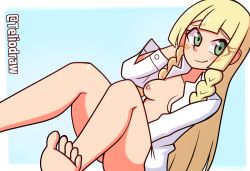 Rule 34 | 1girl, arm behind head, barefoot, blonde hair, breasts, creatures (company), game freak, green eyes, lillie (pokemon), looking at viewer, medium breasts, nintendo, nipples, open clothes, open shirt, pokemon, pokemon sm, shirt, sitting, smile, teliodraw, twitter username, white shirt