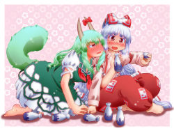Rule 34 | 2girls, all fours, armband, barefoot, blush, bow, breasts, dress, drunk, ex-keine, fang, female focus, fujiwara no mokou, green hair, hair bow, holding hands, horn ornament, horn ribbon, horns, kamishirasawa keine, large breasts, crossed legs, long hair, long sleeves, looking at another, matty (zuwzi), multiple girls, ofuda, open mouth, pants, pink background, red eyes, ribbon, shirt, short sleeves, sitting, star (symbol), starry background, suspenders, sweat, tail, tokkuri, touhou, very long hair, white hair, yellow eyes
