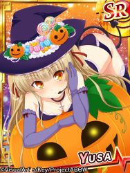Rule 34 | 10s, 1girl, all fours, angel beats!, bikini, blonde hair, brown eyes, candy, card (medium), card parody, character name, cinderella girls card parody, demon tail, elbow gloves, food, gloves, halloween, hat, headset, ikeda jun (aquaqua), jack-o&#039;-lantern, long hair, solo, swimsuit, tail, thighhighs, twintails, witch hat, yusa (angel beats!)
