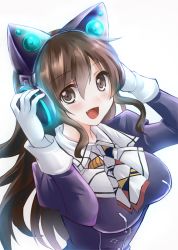 Rule 34 | 10s, 1girl, animal ear headphones, animal ears, ashigara (kancolle), ashigara kai ni (kancolle), axent wear, blush, breasts, brown eyes, brown hair, cat ear headphones, cat ears, fake animal ears, fang, gloves, hands on headphones, headphones, izumi akane, kantai collection, long hair, looking at viewer, open mouth, smile, solo