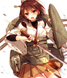 Rule 34 | 10s, 1girl, brown eyes, brown hair, hyuuga (kancolle), japanese clothes, kantai collection, looking at viewer, open mouth, personification, short hair, skirt, solo, sword, toosaka asagi, weapon