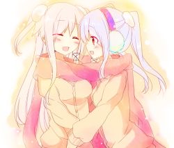 Rule 34 | 2girls, anceril sacred, bad id, bad pixiv id, blue hair, blush, ciel sacred, earmuffs, closed eyes, holding hands, long hair, mishima kurone, multiple girls, open mouth, original, pink hair, scarf, shared clothes, shared scarf, sweater, twintails, yuri