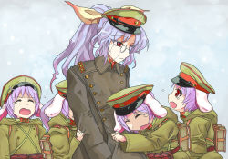 Rule 34 | 5girls, animal ears, bespectacled, bow, buttons, clone, clothes grab, coat, crying, crying with eyes open, double-breasted, epaulettes, glasses, hair bow, hat, long hair, military, military uniform, multiple girls, namasomi, peaked cap, pince-nez, ponytail, purple hair, rabbit ears, red eyes, reisen, short hair, sleeve grab, tears, touhou, trench coat, uniform, watatsuki no yorihime