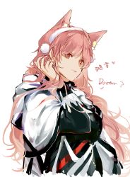 Rule 34 | 1girl, absurdres, animal ear fluff, animal ears, arknights, black jacket, cloak, closed mouth, commentary, english text, hand up, heart, highres, jacket, long hair, long sleeves, pink hair, pozyomka (arknights), puffy long sleeves, puffy sleeves, red eyes, shuangluozhifenghua, simple background, smile, solo, symbol-only commentary, translation request, upper body, very long hair, white background, white cloak
