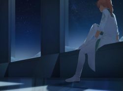 Rule 34 | 1boy, chaldea uniform, facing away, fate/grand order, fate (series), full body, gloves, hand on own thigh, highres, horse girl, knee up, lab coat, long hair, male focus, night, night sky, orange hair, pants, romani archaman, shoes, sitting, sky, snow, solo, star (sky), starry sky, tenoteno syumi, white footwear, white gloves, white pants, window