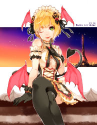 Rule 34 | 10s, 1girl, ;d, alternate costume, arm garter, bad id, bad pixiv id, black gloves, black ribbon, black thighhighs, blonde hair, breasts, cake, center opening, cleavage, cream, cross-laced clothes, crossed legs, dated, demon tail, demon wings, dress, eyelashes, finger to cheek, food, frills, gloves, green eyes, hair ornament, hair ribbon, hairband, hamada (super tachioyogi kyousou), happy birthday, head wings, heart, highres, idolmaster, idolmaster cinderella girls, lace trim, looking at viewer, low wings, maid headdress, miyamoto frederica, multiple wings, one eye closed, open mouth, pink lips, ribbon, ribbon trim, short hair, sitting, sketch, sky, sleeveless, sleeveless dress, smile, solo, tail, thighhighs, towel, wings, wrist ribbon, yellow ribbon