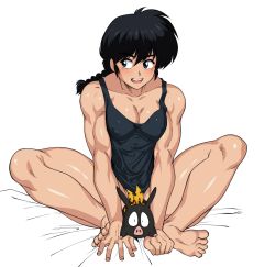 Rule 34 | 1boy, bad id, bad twitter id, black hair, black shirt, blouse, blue eyes, bottomless, braid, braided ponytail, convenient censoring, highres, looking to the side, male focus, muscular, nekogohan96, on bed, open mouth, p-chan, pectorals, pig, ranma 1/2, saotome ranma, shiny skin, shirt, simple background, single braid, sitting, solo, tank top, white background, yaoi