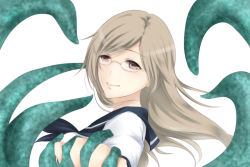 Rule 34 | amakusa itsuki, brown eyes, brown hair, glasses, long hair, looking at viewer, own hands clasped, own hands together, sailor collar, simple background, smile, solo, tentacles, white background
