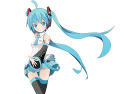 Rule 34 | 1girl, ahoge, aqua eyes, aqua hair, cowboy shot, detached sleeves, floating hair, hatsune miku, headphones, long hair, looking at viewer, mamagogo (gomaep), necktie, panties, pantyshot, simple background, skirt, solo, striped clothes, striped panties, thighhighs, twintails, underwear, very long hair, vocaloid, white background