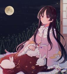 Rule 34 | 1girl, :3, :o, animal, artist name, bamboo, bow, bowtie, branch, commentary request, cover, frilled shirt collar, frilled skirt, frilled sleeves, frills, full body, full moon, houraisan kaguya, jeweled branch of hourai, long hair, long sleeves, moon, mozukuzu (manukedori), night, night sky, open mouth, parted bangs, pink shirt, rabbit, red eyes, red skirt, shirt, sitting, skirt, sky, sleeping, solo, star (sky), touhou, twitter username, very long hair, white bow, white bowtie, wide sleeves
