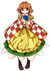 Rule 34 | apron, baba (baba seimaijo), bell, book, boots, brown hair, checkered clothes, checkered kimono, full body, hair bell, hair ornament, highres, japanese clothes, kimono, long sleeves, looking at viewer, motoori kosuzu, hugging object, red eyes, short hair, solo, touhou, twintails, two side up, white background, wide sleeves