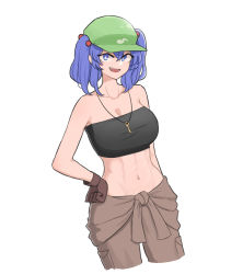 Rule 34 | 1girl, abs, bandeau, blue eyes, blue hair, breasts, cleavage, commentary, cosplay, cowboy shot, english commentary, flat cap, gloves, green hat, hair bobbles, hair ornament, hat, highres, kawashiro nitori, key, mata (matasoup), open mouth, simple background, solo, touhou, two side up, white background, winry rockbell, winry rockbell (cosplay)