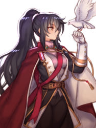 Rule 34 | 1girl, bird, black hair, boots, breasts, cape, cowboy shot, dove, folks (nabokof), gloves, gold, jacket, long hair, medium breasts, military, military jacket, military uniform, ponytail, profile, simple background, tales of (series), tales of berseria, thigh boots, thighhighs, uniform, velvet crowe, very long hair, white background, yellow eyes