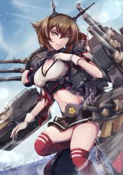 Rule 34 | 1girl, absurdres, artist name, bad anatomy, black skirt, breasts, brown eyes, brown hair, caiman pool, cleavage, day, gloves, headgear, highres, kantai collection, large breasts, looking at viewer, midriff, mutsu (kancolle), mutsu kai ni (kancolle), navel, ocean, outdoors, pleated skirt, red thighhighs, rigging, short hair, shrug (clothing), skirt, solo, striped clothes, striped skirt, thighhighs, turret, white gloves