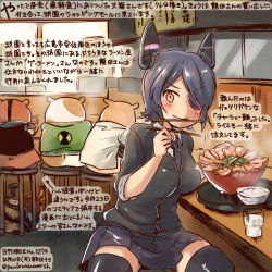 Rule 34 | &gt;:d, 10s, 1girl, :d, ben 10, black legwear, chopsticks, commentary request, cup, dated, drinking glass, eyepatch, food, hamster, headgear, kantai collection, kirisawa juuzou, mouth hold, necktie, noodles, open mouth, purple hair, ramen, rice, short hair, smile, tenryuu (kancolle), traditional media, translation request, twitter username, v-shaped eyebrows, yellow eyes