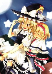 Rule 34 | 3girls, acoco, alice margatroid, apron, blonde hair, blush, bow, broom, broom riding, capelet, closed eyes, cross-laced footwear, hair bow, hairband, hat, highres, hug, hug from behind, kirisame marisa, long hair, multiple girls, multiple riders, open mouth, sash, shanghai doll, short hair, short sleeves, smile, touhou, waist apron, witch hat, wrist cuffs, yellow eyes, yuri