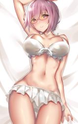 Rule 34 | 10s, 1girl, arm up, bare shoulders, bikini, blush, breasts, cleavage, closed mouth, collarbone, fate (series), glasses, gridman universe, highres, hip focus, large breasts, light purple hair, looking at viewer, lying, navel, on back, pink eyes, seedkeng, shinjou akane, smile, solo, ssss.gridman, swimsuit, thighs, white bikini