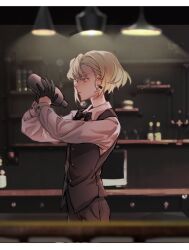 Rule 34 | 1boy, alternate costume, androgynous, bar (place), bartender, black bow, black bowtie, black gloves, black pants, black vest, blonde hair, bottle, bow, bowtie, buttons, chinese commentary, collared shirt, commentary request, counter, denim, drawer, ear piercing, from side, gloves, highres, holding, holding bottle, indoors, jeans, komatsu2536, lamp, lio fotia, long sleeves, looking at object, pants, piercing, pink eyes, promare, shaking, shelf, shirt, short hair, vest, white shirt, wine bottle