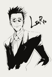Rule 34 | 1boy, ammonio, black eyes, black hair, character name, english text, formal, glasses, hunter x hunter, leorio paladiknight, male focus, monochrome, necktie, portrait, short hair, simple background, sketch, solo, spiked hair, suit, white background