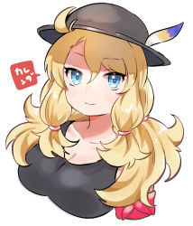 Rule 34 | 1girl, armband, bare arms, bare shoulders, big hair, black hat, black shirt, blonde hair, blue eyes, calenda (kemono friends), commentary request, hair tie, hat, hat feather, kemono friends, kemono friends 3, long hair, looking at viewer, shirt, smile, solo, suicchonsuisui, tank top, upper body