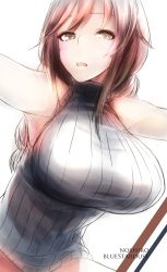 Rule 34 | 10s, 1girl, artist name, border, braid, breasts, brown eyes, brown hair, character name, from below, highres, kantai collection, kojima (blue stardust), large breasts, looking at viewer, noshiro (kancolle), outstretched arms, ribbed sweater, simple background, sleeveless, solo, spread arms, sweater, white background