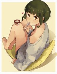 Rule 34 | 1girl, alternate costume, barefoot, black skirt, blush, breasts, brown eyes, cushion, downblouse, food, green hair, grey sweater, haagen-dazs, heart, holding, holding spoon, ice cream, kantai collection, long sleeves, makio (makiomeigenbot), no bra, short hair, simple background, sitting, skirt, small breasts, smile, solo, spoon, sweater, takanami (kancolle), two-tone background