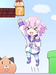 Rule 34 | &gt; &lt;, 1girl, :d, ? block, arm up, blue sky, brick, chibi, choujigen game neptune, cloud, collar, commentary request, d-pad, d-pad hair ornament, day, dogoo, doria (p f dolia), drawstring, food, gameplay mechanics, hair ornament, hood, hooded jacket, hoodie, industrial pipe, jacket, jumping, mario (series), neptune (neptunia), neptune (series), nintendo, open mouth, outdoors, pudding, purple hair, short hair, sky, smile, striped clothes, striped thighhighs, super mario bros. 1, thighhighs, usb, v-shaped eyebrows, xd