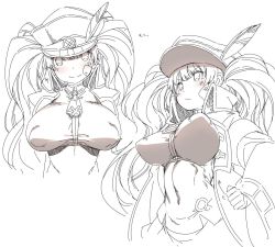 Rule 34 | &gt;:/, 10s, 1girl, :/, bad id, bad twitter id, bandages, bandage on face, blush, breasts, coat, covered navel, covered erect nipples, feathers, female focus, granblue fantasy, hand on own hip, hat, hat feather, large breasts, long hair, long sleeves, looking at viewer, monica (granblue fantasy), monochrome, nenemaru, open clothes, open coat, peaked cap, perky breasts, popped collar, puffy nipples, shirt, simple background, smile, solo, taut clothes, taut shirt, twintails, upper body, v-shaped eyebrows, white background, wide sleeves
